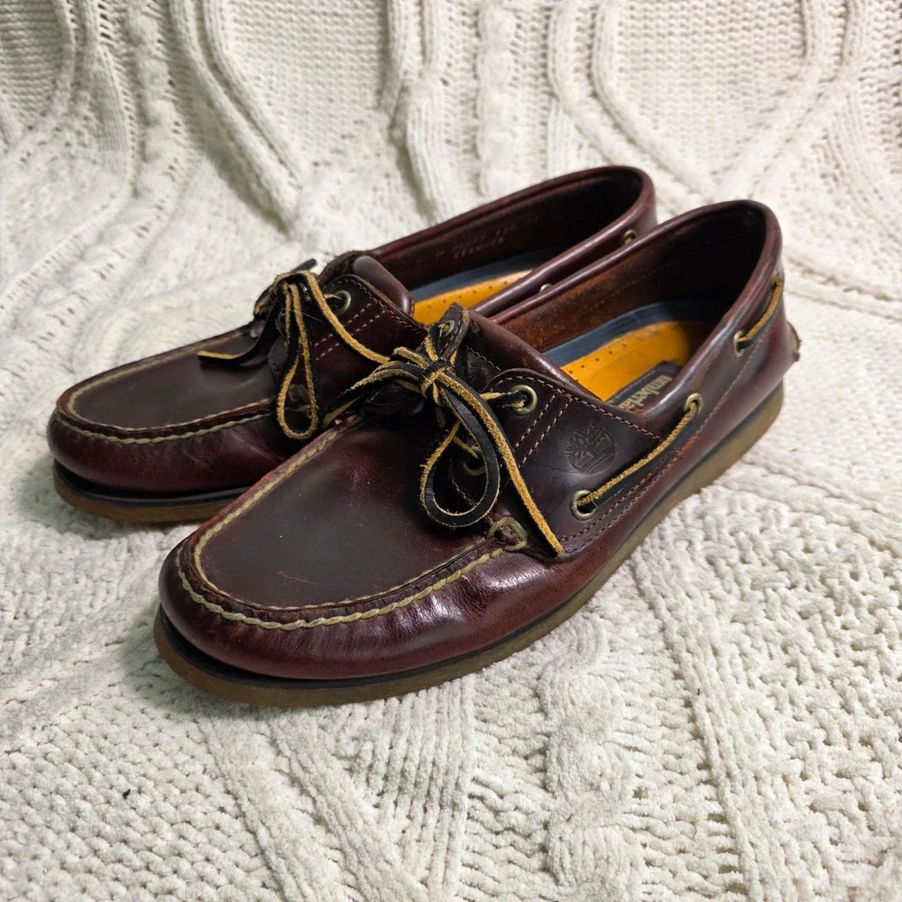 VTG Timberland Boat Shoes Burgundy Leather 2-Eye Moc Toe Mens 8.5‎ M Excellent